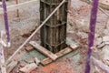 Column formwork Internal steel structure Made up of poles from the ground. Column timber form work and reinforcement bar at the co Royalty Free Stock Photo