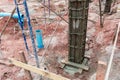 Column formwork Internal steel structure Made up of poles from the ground. Column timber form work and reinforcement bar at the co Royalty Free Stock Photo