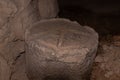 The column fragment in an underground system of tunnels in ruins of the palace of King Herod - Herodion in the Judean Desert, in