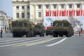 Column launcher MZKT-7930 missile complex Iskander on rehearsal of parade in honor of Victory day. St. Petersburg Royalty Free Stock Photo