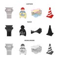 Column, master with drawing, bridge, index cone. Architecture set collection icons in cartoon,black,monochrome style Royalty Free Stock Photo