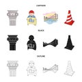 Column, master with drawing, bridge, index cone. Architecture set collection icons in cartoon,black,outline style vector