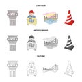 Column, master with drawing, bridge, index cone. Architecture set collection icons in cartoon,outline,monochrome style