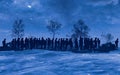 Column of migrants crossing desolate and snow-covered lands in the night. Silhouette. Refugees and immigrants