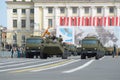 A column of military vehicles overlooks the Palace square. Rehearsal of parade in honor of Victory Day in St. Petersburg Royalty Free Stock Photo