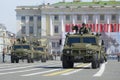 Column multi-purpose armored vehicles Tigr on rehearsal of parade in honor of Victory Day. St. Petersburg Royalty Free Stock Photo