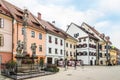 Column Plague and hiuses at the Main square of Skofja Loka in Slovenia