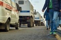 Column of police trucks for arresting people driving along Tverskaya street