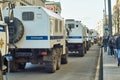 Column of police trucks for arresting people driving along Tverskaya street