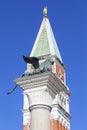 Column of San Marco and St Mark`s Campanile on Piazza San Marco, Venice, Italy Royalty Free Stock Photo