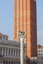 Column of San Marco and St Mark`s Campanile on Piazza San Marco, Venice, Italy Royalty Free Stock Photo