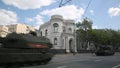 Column of self-propelled howitzers `Coalition-SV` participating in the final rehearsal of the Victory Parade on Red Square on May