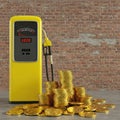 A column and a stack of coins as a symbol of expensive fuel. Royalty Free Stock Photo