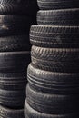 Column stack of old used car tires Royalty Free Stock Photo