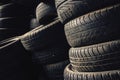 Column stack of old used car tires Royalty Free Stock Photo