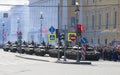 A column of T-90 tanks on parade in honor of the 70th anniversary of Victory in the great Patriotic war. Saint Petersburg Royalty Free Stock Photo