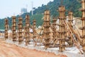 Column timber formwork and reinforcement bar at the construction site.