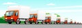 A column of trucks moving along a suburban highway, delivering goods. Forest and sky in the background. Modern flat