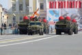 A column of the ZRS S-300PM rocket launchers on a parade rehearsal in honor of the Victory Day