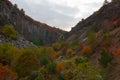 Landscape image of columnar jointing of basalt rocks and foliage in Boyabat, Sinop, Turkey, at a sunny day Royalty Free Stock Photo