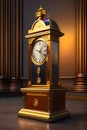 In the columned hall there is a floor-standing retro clock in a wooden case. Royalty Free Stock Photo