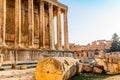 Columns of ancient Roman temple of Bacchus with surrounding ruins of ancient city, Bekaa Valley, Baalbek, Lebanon