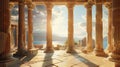 Columns of Ancient temple against sun, inside old building in Greece at sunset, classical Greek or Roman ruins overlooking sea. Royalty Free Stock Photo