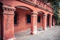 Columns of Can Modolell ancient fortified defense tower. Historical center of old medieval town Viladecans