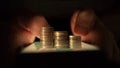 Columns of coins grow against the background of hands using a smartphone in the dark. CG