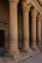 Columns decorated with relief carvings in the forecourt of the Temple of Isis, Philae, Aswan, Egypt