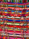 Columns of folded colorful blankets in bolivian street market, La Paz, Bolivia