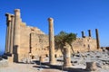 Columns on the hellenistic stoa of the Acropolis of Lindos, Rhodes, Greece, Blue sky, olive tree and beatiful sea view in the back Royalty Free Stock Photo