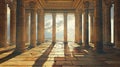 Columns inside Ancient temple, interior of old building in Greece, hall of classical Greek or Roman house overlooking sky. Theme