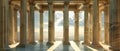 Columns inside Ancient temple overlooking mountain and sky, interior of old Greek building. Concept of antique, Greece,