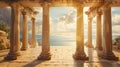 Columns inside Ancient temple overlooking sea, sun and sky, interior of old Greek building. Concept of antique, Greece, porch,