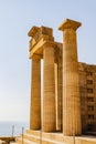 Columns of the most ancient Acropolis of Lindos in Greece. City of Lindos, Rhodes Island, Greece. Royalty Free Stock Photo