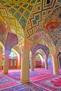 Among the columns of the Pink Mosque, Shiraz, Iran Royalty Free Stock Photo