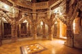 Columns with stone reliefs in Indian temple wall. Ancient architecture example with Jain motifs, Jaisalmer of India. Royalty Free Stock Photo