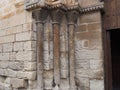 Columns supporting the capitals of the access door of the romanesque church of vinaixa, lerida, spain, europe