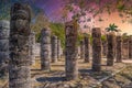 Columns of the Thousand Warriors in Chichen Itza, Mexico with Milky Way Galaxy stars night sky Royalty Free Stock Photo