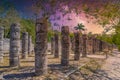 Columns of the Thousand Warriors in Chichen Itza, Mexico with Milky Way Galaxy stars night sky Royalty Free Stock Photo