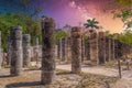 Columns of the Thousand Warriors in Chichen Itza, Mexico with Milky Way Galaxy stars night sky Royalty Free Stock Photo