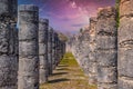 Columns of the Thousand Warriors in Chichen Itza, Mexico with Milky Way Galaxy stars night sky Royalty Free Stock Photo