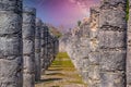 Columns of the Thousand Warriors in Chichen Itza, Mexico with Milky Way Galaxy stars night sky Royalty Free Stock Photo