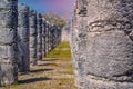 Columns of the Thousand Warriors in Chichen Itza, Mexico with Milky Way Galaxy stars night sky Royalty Free Stock Photo