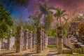 Columns of the Thousand Warriors in Chichen Itza, Mexico with Milky Way Galaxy stars night sky Royalty Free Stock Photo