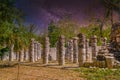 Columns of the Thousand Warriors in Chichen Itza, Mexico with Milky Way Galaxy stars night sky Royalty Free Stock Photo