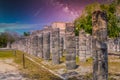 Columns of the Thousand Warriors in Chichen Itza, Mexico with Milky Way Galaxy stars night sky Royalty Free Stock Photo