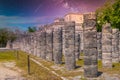 Columns of the Thousand Warriors in Chichen Itza, Mexico with Milky Way Galaxy stars night sky Royalty Free Stock Photo