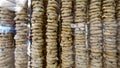 Columns of traditional taralli sugna e pepe on the streets of Naples . Royalty Free Stock Photo